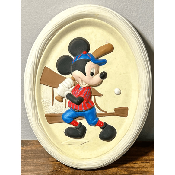 Vintage 1989 Disney Mickey Mouse Baseball Ceramic Wall Plaque Wall Art Kids - Picture 1 of 6